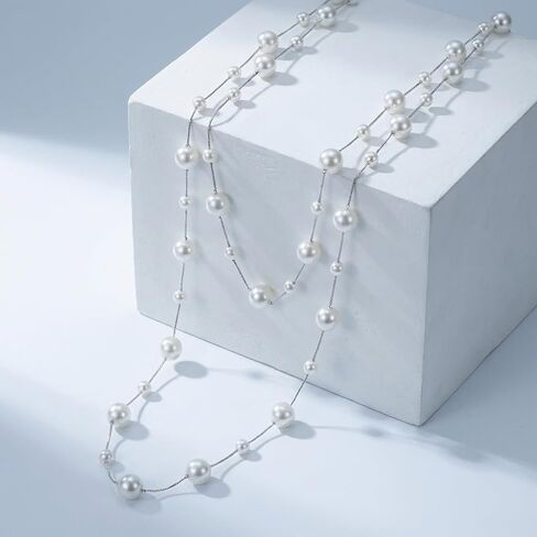 Pearl Layered Strand Necklaces for Women Long Multi Strand Pearl Chain Necklace Vintage Layered Statement Jewelry for Sweater Wedding Party Dress in Saudi Arabia