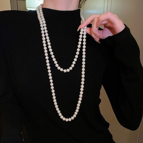 Long Pearl Necklaces for Women Pearl Necklace Chunky Bead Layered Pearl Necklace Faux Pearl Dangle Necklace Wedding Bridal 1920s Costume Jewelry Gifts in Saudi Arabia