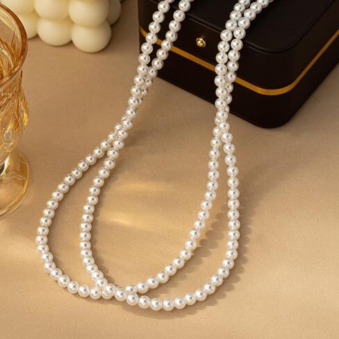 Long Pearl Necklaces for Women Pearl Necklace Chunky Bead Layered Pearl Necklace Faux Pearl Dangle Necklace Wedding Bridal 1920s Costume Jewelry Gifts in Saudi Arabia