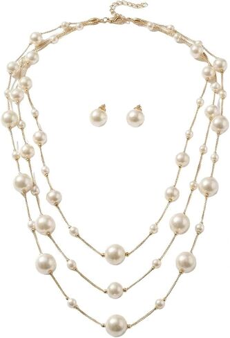 1 Set Long Pearl Necklace Earrings Set for Women, Dainty Multi Layered Chic Trendy Classic Elegant Style Women's Jewelry Statement Accessories Daily Wear Party in Kuwait