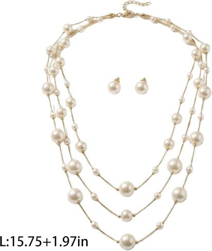 1 Set Long Pearl Necklace Earrings Set for Women, Dainty Multi Layered Chic Trendy Classic Elegant Style Women's Jewelry Statement Accessories Daily Wear Party in Kuwait