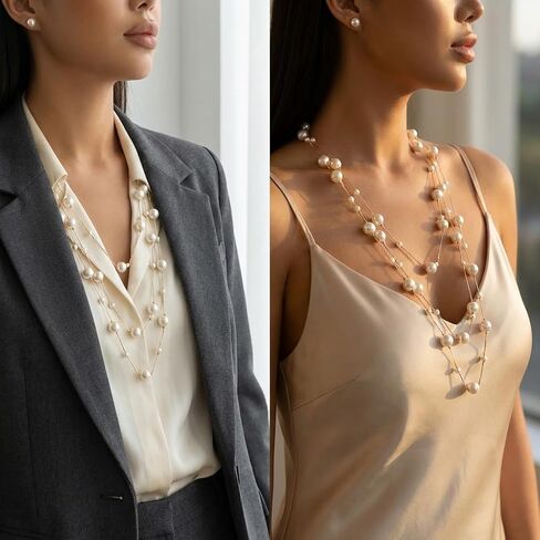 1 Set Long Pearl Necklace Earrings Set for Women, Dainty Multi Layered Chic Trendy Classic Elegant Style Women's Jewelry Statement Accessories Daily Wear Party in Kuwait