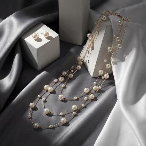 1 Set Long Pearl Necklace Earrings Set for Women, Dainty Multi Layered Chic Trendy Classic Elegant Style Women's Jewelry Statement Accessories Daily Wear Party in Kuwait