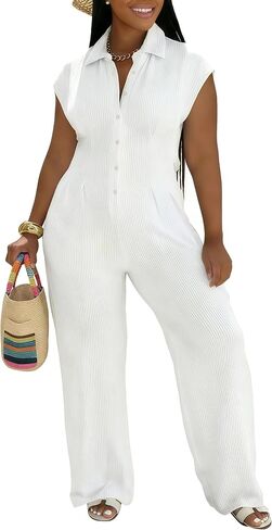 Jumpsuits for Women Sexy Button Up One Piece Jumpsuit Casual Wide Leg Pants Rompers Summer Jumpsuits Club Outfits in Kuwait
