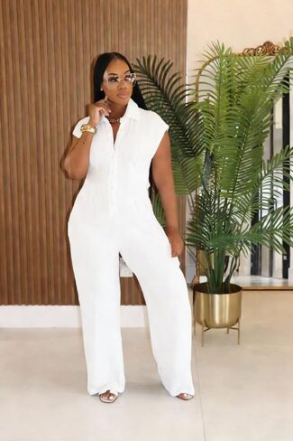 Jumpsuits for Women Sexy Button Up One Piece Jumpsuit Casual Wide Leg Pants Rompers Summer Jumpsuits Club Outfits in Kuwait