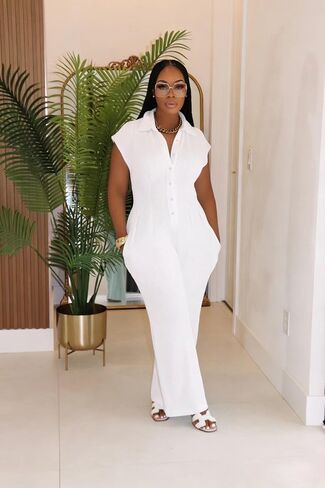 Jumpsuits for Women Sexy Button Up One Piece Jumpsuit Casual Wide Leg Pants Rompers Summer Jumpsuits Club Outfits in Kuwait