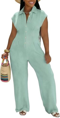 Jumpsuits for Women Sexy Button Up One Piece Jumpsuit Casual Wide Leg Pants Rompers Summer Jumpsuits Club Outfits in Kuwait