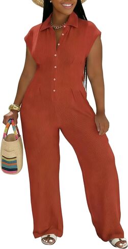 Jumpsuits for Women Sexy Button Up One Piece Jumpsuit Casual Wide Leg Pants Rompers Summer Jumpsuits Club Outfits in Kuwait