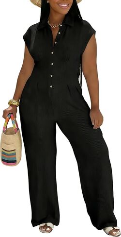 Jumpsuits for Women Sexy Button Up One Piece Jumpsuit Casual Wide Leg Pants Rompers Summer Jumpsuits Club Outfits in Kuwait