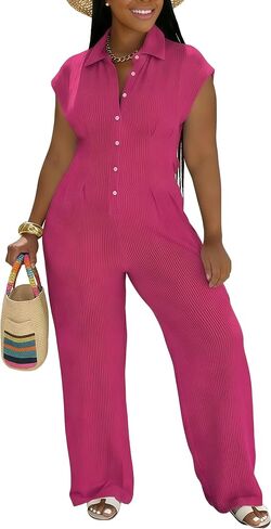 Jumpsuits for Women Sexy Button Up One Piece Jumpsuit Casual Wide Leg Pants Rompers Summer Jumpsuits Club Outfits in Kuwait
