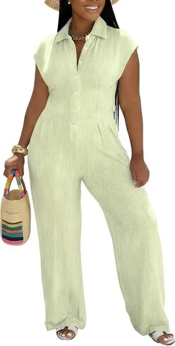 Jumpsuits for Women Sexy Button Up One Piece Jumpsuit Casual Wide Leg Pants Rompers Summer Jumpsuits Club Outfits in Kuwait
