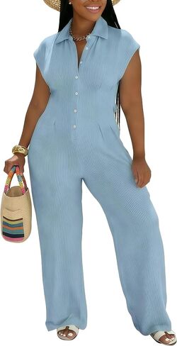 Jumpsuits for Women Sexy Button Up One Piece Jumpsuit Casual Wide Leg Pants Rompers Summer Jumpsuits Club Outfits in Kuwait