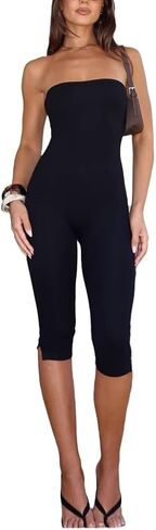 THLAI Strapless Jumpsuits for Women Off Shoulder Tube Top Capri Pants Jumpsuits Sexy Club One Piece Outfits in Kuwait
