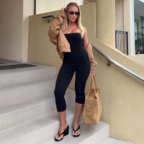 THLAI Strapless Jumpsuits for Women Off Shoulder Tube Top Capri Pants Jumpsuits Sexy Club One Piece Outfits in Kuwait
