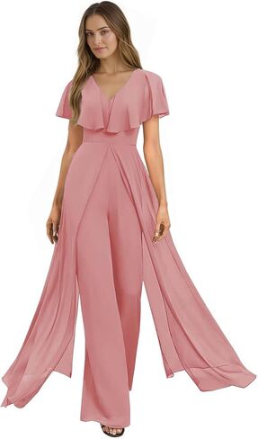 Mother of The Bride Jumpsuit for Wedding Bridesmaid Chiffon Pantsuits with Cloak Sleeves KV015 in Saudi Arabia