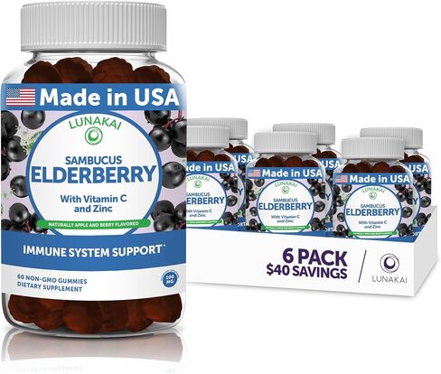 Lunakai USA Made Black Sambucus Elderberry Gummies for Adults & Kids | With Vitamin C & Zinc, Immune Support, Antioxidants, Non-GMO, Daily Supplement, 60 Gummies in Kuwait