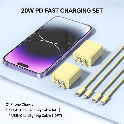 USB C Charger Compatible with iPhone Charger 2Pack 20W Type C Wall Phone Charger with 6/10FT Fast Charging Cable Compatible with iPhone 14/13/12/11 Pro/iPad/Pro Max/Plus/XS/XR/X/SE/8 Charger Pink in Kuwait