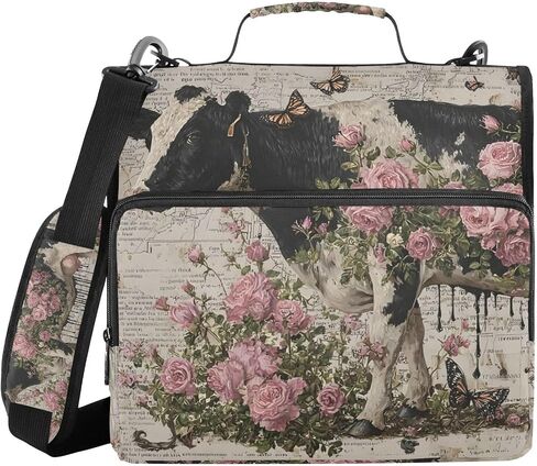 Cow Retro Rose 3 Ring Zipper Binder for Office School - 500 Sheet Capacity, Multi-Pocket, 1.5-Inch, Sturdy Storage to Keep Document Organized in Saudi Arabia