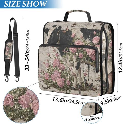 Cow Retro Rose 3 Ring Zipper Binder for Office School - 500 Sheet Capacity, Multi-Pocket, 1.5-Inch, Sturdy Storage to Keep Document Organized in Saudi Arabia