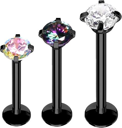 BodyJ4You 3PC Labret Tragus Cartilage 16G Studs - Internally Threaded Surgical Steel - Helix Lip Monroe Medusa Conch - Shiny CZ Crystal - Versatile Body Piercing Jewelry in Kuwait