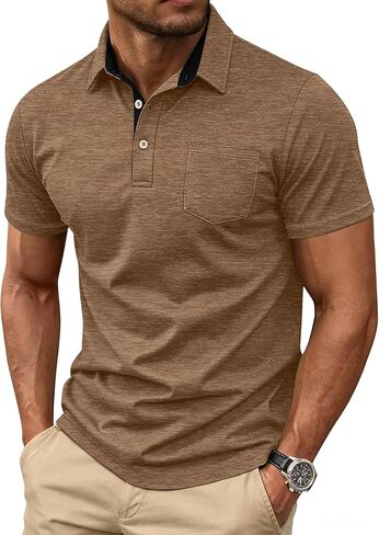 Mens Short Sleeve Polo Shirts Collared Business Casual Polo T Shirts with Pocket in Saudi Arabia