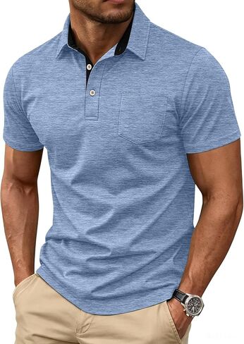 Mens Short Sleeve Polo Shirts Collared Business Casual Polo T Shirts with Pocket in Kuwait