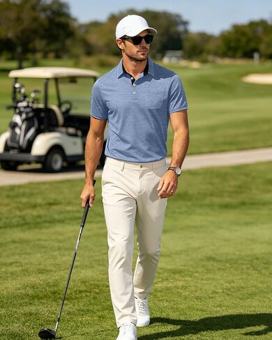 Mens Short Sleeve Polo Shirts Collared Business Casual Polo T Shirts with Pocket in Kuwait