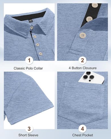 Mens Short Sleeve Polo Shirts Collared Business Casual Polo T Shirts with Pocket in Kuwait