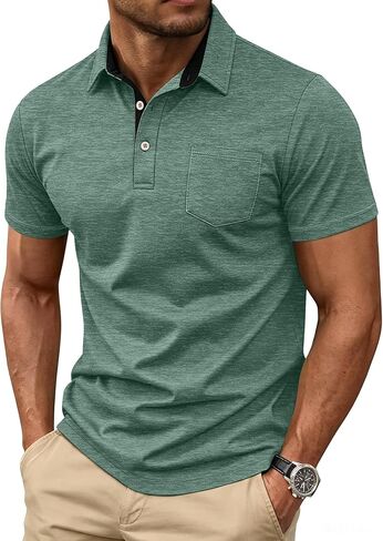 Mens Short Sleeve Polo Shirts Collared Business Casual Polo T Shirts with Pocket in Kuwait