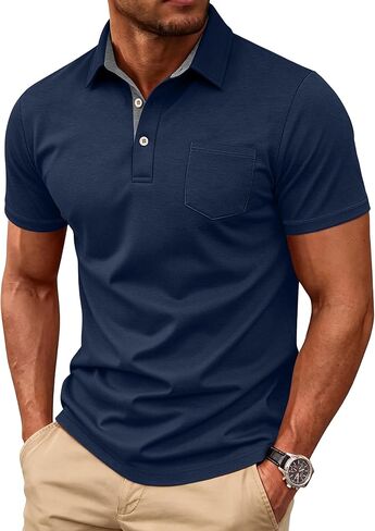 Mens Short Sleeve Polo Shirts Collared Business Casual Polo T Shirts with Pocket in Kuwait