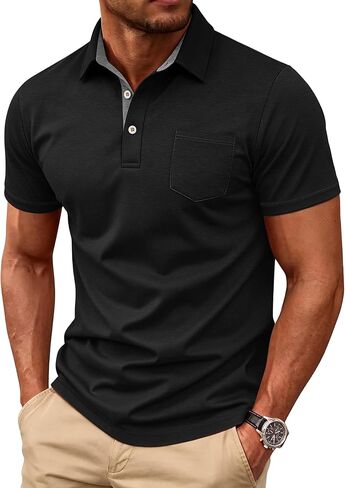 Mens Short Sleeve Polo Shirts Collared Business Casual Polo T Shirts with Pocket in Kuwait