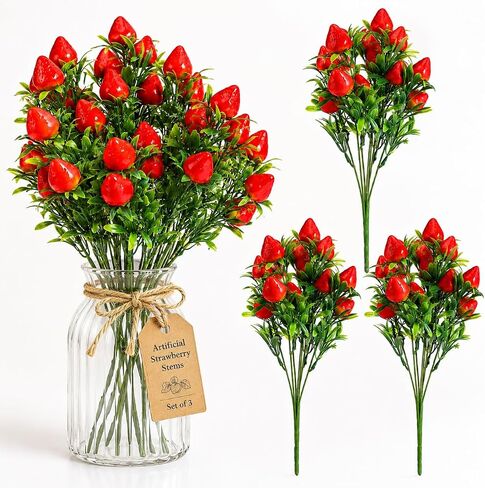 3-Pack Realistic Artificial Strawberry Branches, 10.6" PVC Fake Fruit Stems for Home Kitchen Table Centerpiece, DIY Strawberry Flower Arrangement and Wreath Decoration in Kuwait