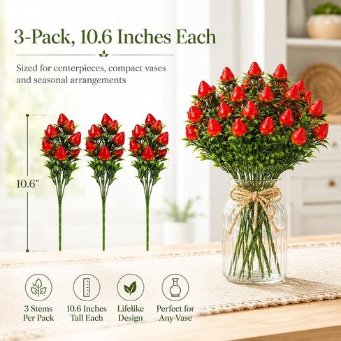 3-Pack Realistic Artificial Strawberry Branches, 10.6" PVC Fake Fruit Stems for Home Kitchen Table Centerpiece, DIY Strawberry Flower Arrangement and Wreath Decoration in Kuwait