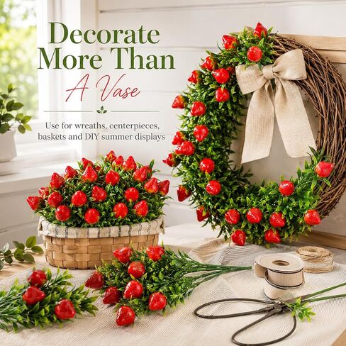3-Pack Realistic Artificial Strawberry Branches, 10.6" PVC Fake Fruit Stems for Home Kitchen Table Centerpiece, DIY Strawberry Flower Arrangement and Wreath Decoration in Kuwait
