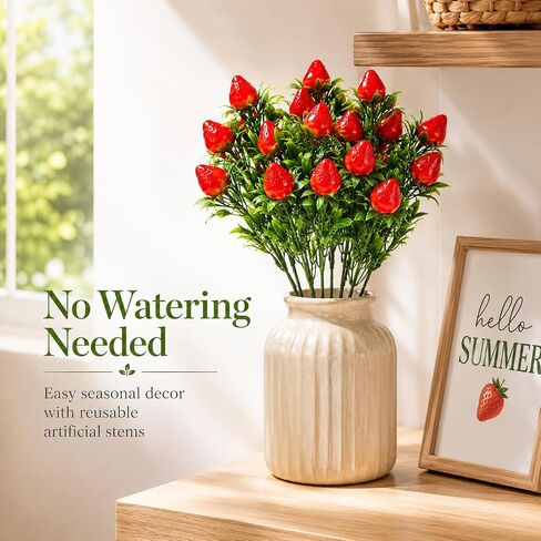 3-Pack Realistic Artificial Strawberry Branches, 10.6" PVC Fake Fruit Stems for Home Kitchen Table Centerpiece, DIY Strawberry Flower Arrangement and Wreath Decoration in Kuwait