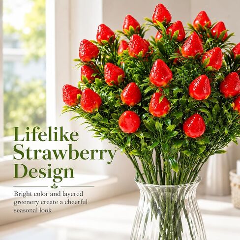 3-Pack Realistic Artificial Strawberry Branches, 10.6" PVC Fake Fruit Stems for Home Kitchen Table Centerpiece, DIY Strawberry Flower Arrangement and Wreath Decoration in Kuwait