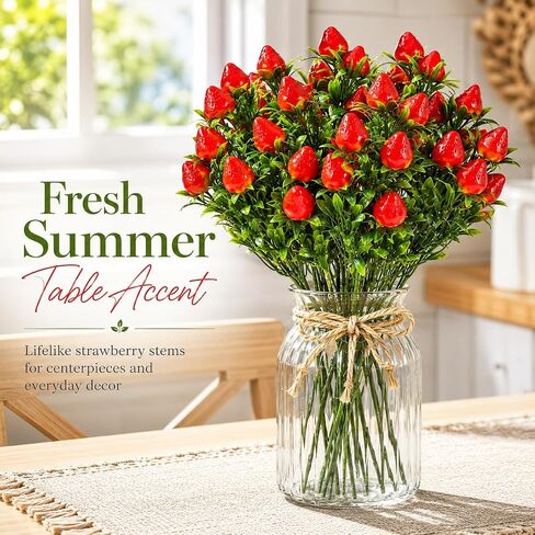 3-Pack Realistic Artificial Strawberry Branches, 10.6" PVC Fake Fruit Stems for Home Kitchen Table Centerpiece, DIY Strawberry Flower Arrangement and Wreath Decoration in Kuwait
