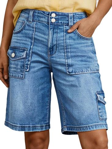Flamingals High Waist Denim Bermuda Shorts for Women Cargo Wash Dual Button Summer Casual Jean Shorts with Pockets in Saudi Arabia