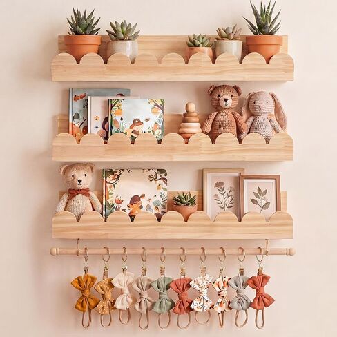 Qunclay 2 Pcs Nursery Floating Shelves Headband and Bow Holder with Rod Wall Mounted Wood Shelves Nursery Decor for Wall Home Organization Kitchen Living Room Bathroom Storage Decor in Kuwait