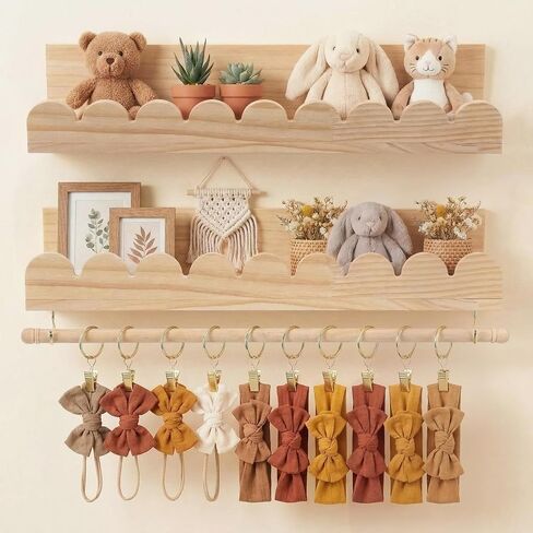 Qunclay 2 Pcs Nursery Floating Shelves Headband and Bow Holder with Rod Wall Mounted Wood Shelves Nursery Decor for Wall Home Organization Kitchen Living Room Bathroom Storage Decor in Kuwait