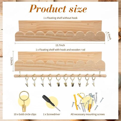 Qunclay 2 Pcs Nursery Floating Shelves Headband and Bow Holder with Rod Wall Mounted Wood Shelves Nursery Decor for Wall Home Organization Kitchen Living Room Bathroom Storage Decor in Kuwait