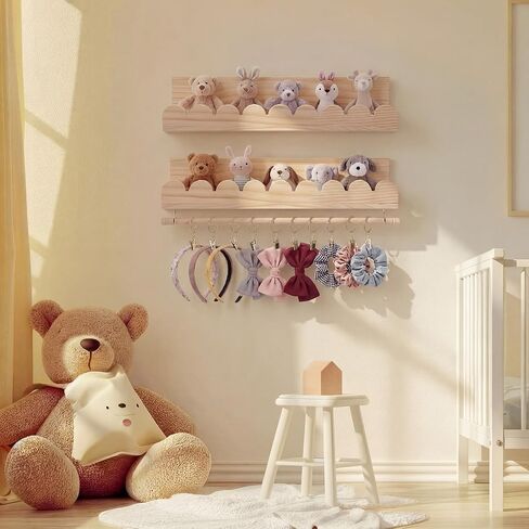 Qunclay 2 Pcs Nursery Floating Shelves Headband and Bow Holder with Rod Wall Mounted Wood Shelves Nursery Decor for Wall Home Organization Kitchen Living Room Bathroom Storage Decor in Kuwait