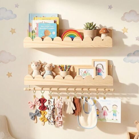 Qunclay 2 Pcs Nursery Floating Shelves Headband and Bow Holder with Rod Wall Mounted Wood Shelves Nursery Decor for Wall Home Organization Kitchen Living Room Bathroom Storage Decor in Kuwait