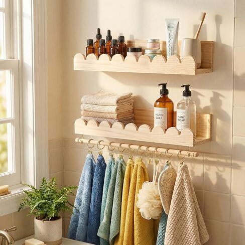 Qunclay 2 Pcs Nursery Floating Shelves Headband and Bow Holder with Rod Wall Mounted Wood Shelves Nursery Decor for Wall Home Organization Kitchen Living Room Bathroom Storage Decor in Kuwait