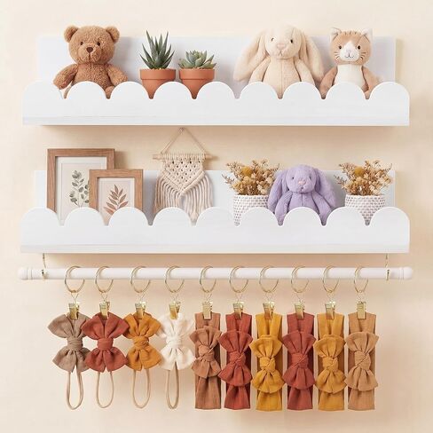 Qunclay 2 Pcs Nursery Floating Shelves Headband and Bow Holder with Rod Wall Mounted Wood Shelves Nursery Decor for Wall Home Organization Kitchen Living Room Bathroom Storage Decor in Kuwait