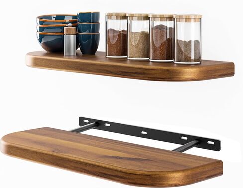 BATODA 17" Acacia Wood Floating Shelves Wall Mounted (Round Edge) – Rustic Farmhouse Wooden Wall Storage Shelf for Bedroom, Kitchen - Brackets and Shelving Hardware Included (Acacia Color) in Saudi Arabia