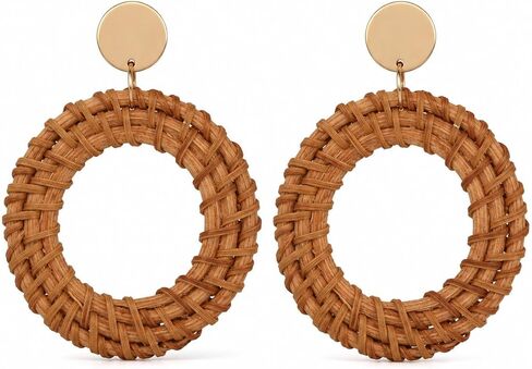 Handmade Raffia Rattan Bohemian Dangle Earrings for Women, Woven Rattan Round Drop Dangle Earrings Beach Jewelry in Saudi Arabia