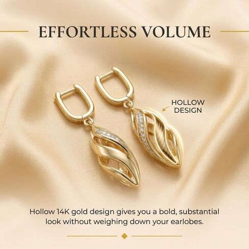 14k Yellow Gold Dangle Drop Earrings for Women, Willow Leaf-Inspired Twisted Hollow CZ Hoop Earrings with Textured Finish, Hypoallergenic Jewelry 40mm*8mm in Saudi Arabia