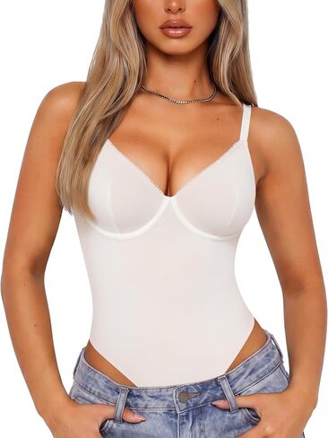 Nebility Shapewear Bodysuit for Women tummy control - V Neck Thong Body Suit with Underwire, Low back Going Out Tops in Kuwait