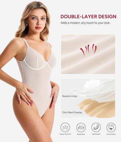 Nebility Shapewear Bodysuit for Women tummy control - V Neck Thong Body Suit with Underwire, Low back Going Out Tops in Kuwait